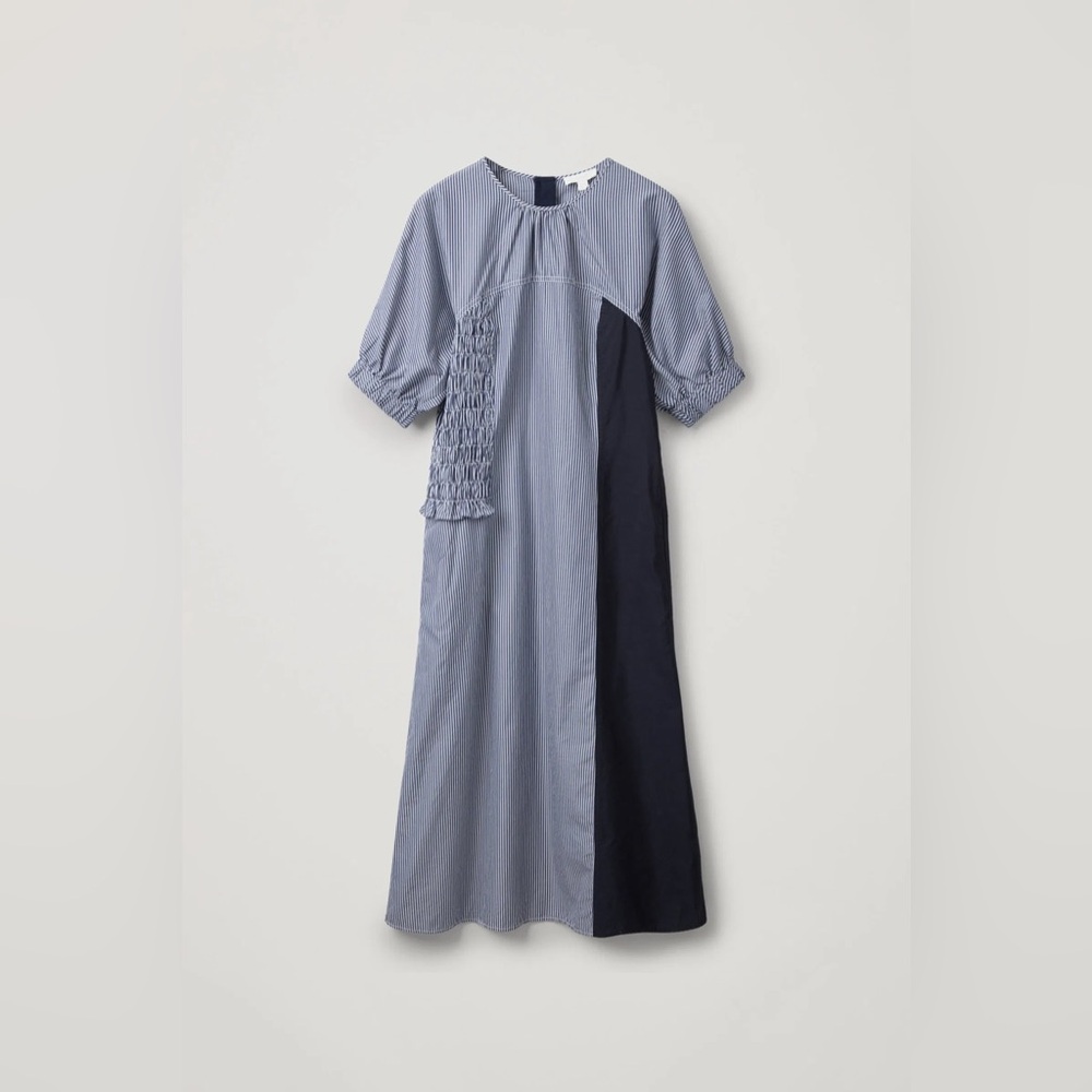 COS Smocked Cotton Midi Dress Sz 8 Striped Blue Mixed Medium